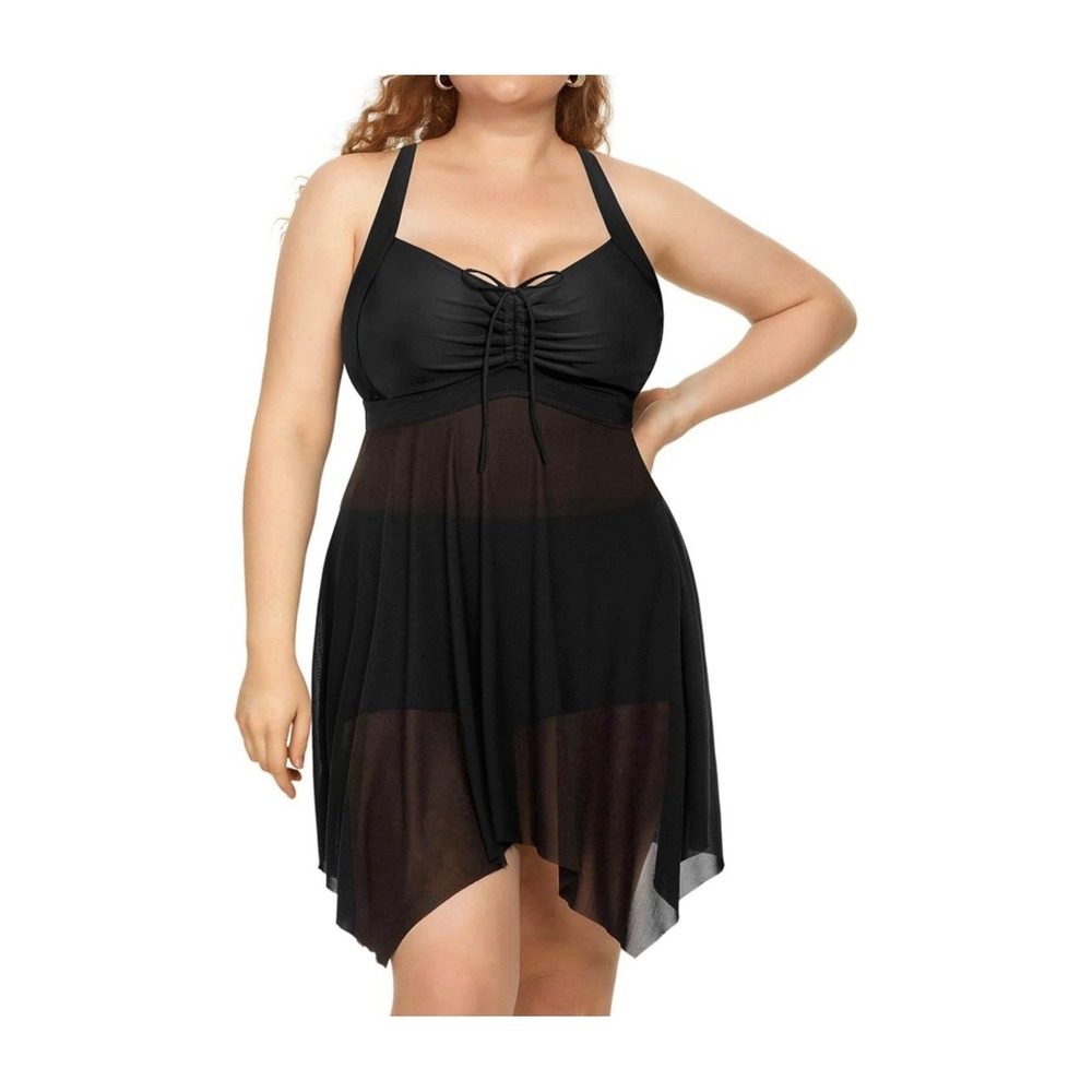 Daci Tankini Swim Dress 16W Flowy Mesh Adjustable Straps Drawstring Neck NWT